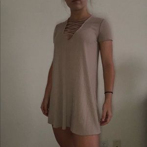 tan ribbed dress with front cutout